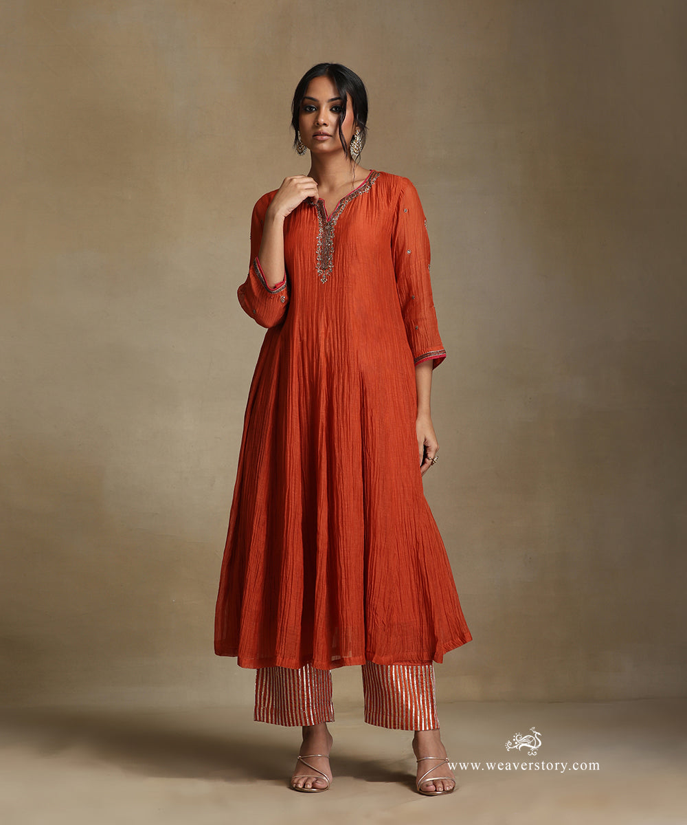 Burnt_Orange_Hand_Embroidered_Pure_Chanderi_Notched_Neck_Anarkali_Kurta_With_Pants_And_Dupatta_WeaverStory_03