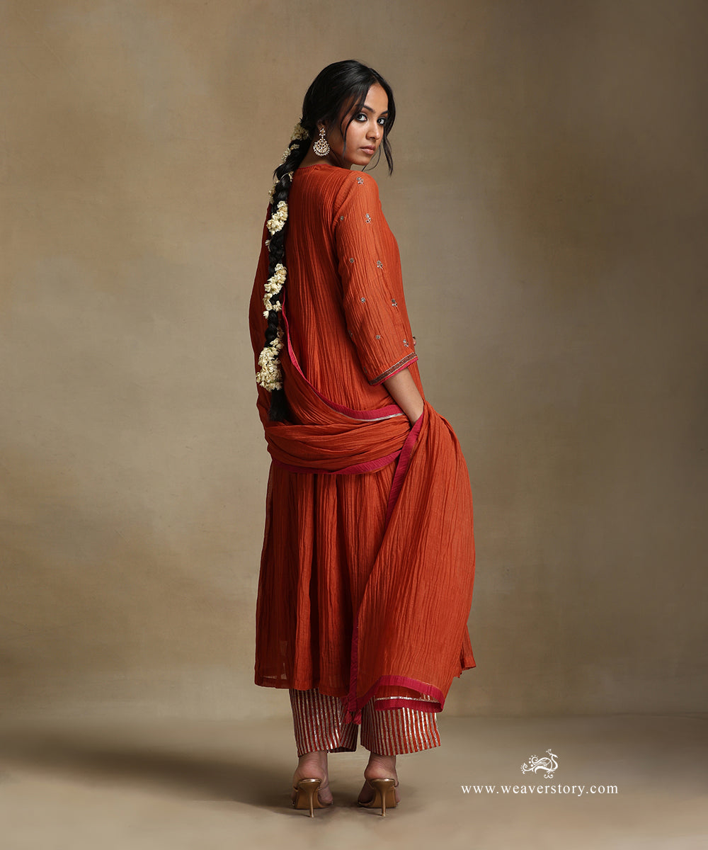 Burnt_Orange_Hand_Embroidered_Pure_Chanderi_Notched_Neck_Anarkali_Kurta_With_Pants_And_Dupatta_WeaverStory_04