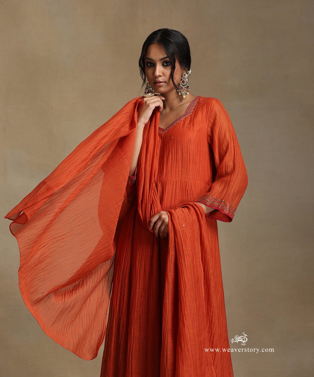 Burnt_Orange_Hand_Embroidered_Chanderi_Anarkali_Kurta_With_Pants_And_Dupatta_WeaverStory_01