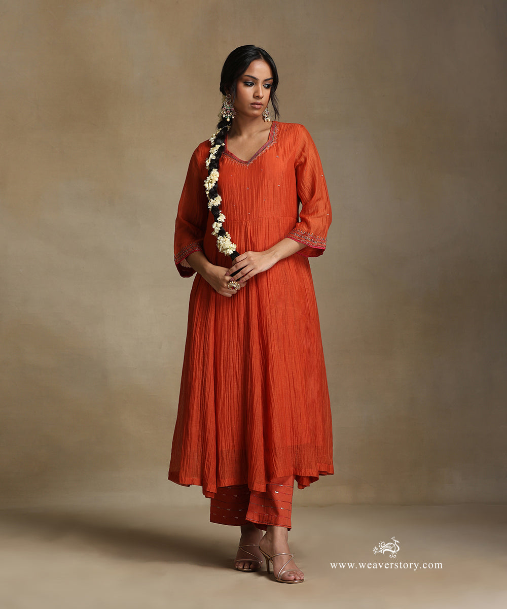 Burnt_Orange_Hand_Embroidered_Chanderi_Anarkali_Kurta_With_Pants_And_Dupatta_WeaverStory_03