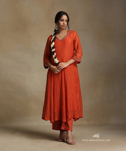 Burnt_Orange_Hand_Embroidered_Chanderi_Anarkali_Kurta_With_Pants_And_Dupatta_WeaverStory_03