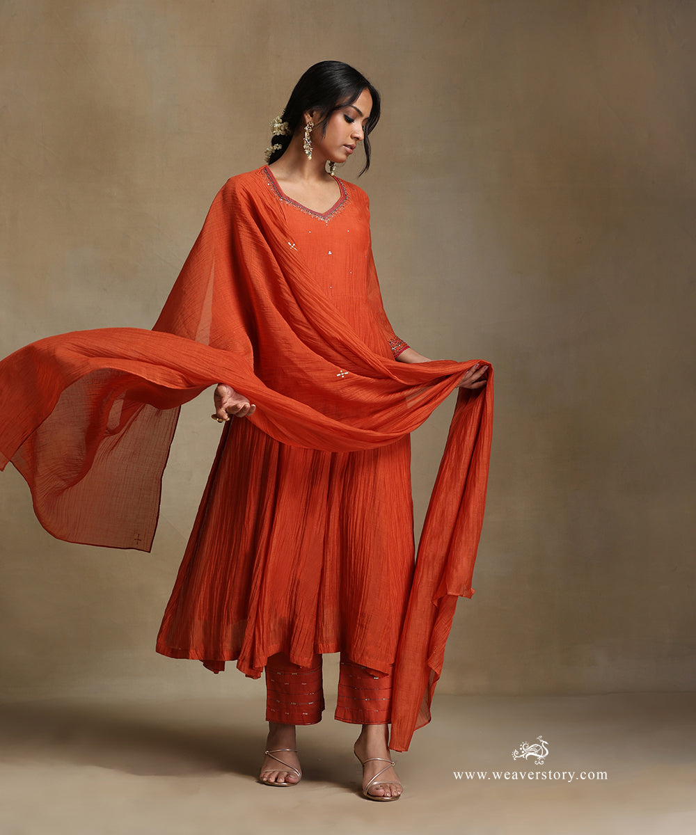 Burnt_Orange_Hand_Embroidered_Chanderi_Anarkali_Kurta_With_Pants_And_Dupatta_WeaverStory_06