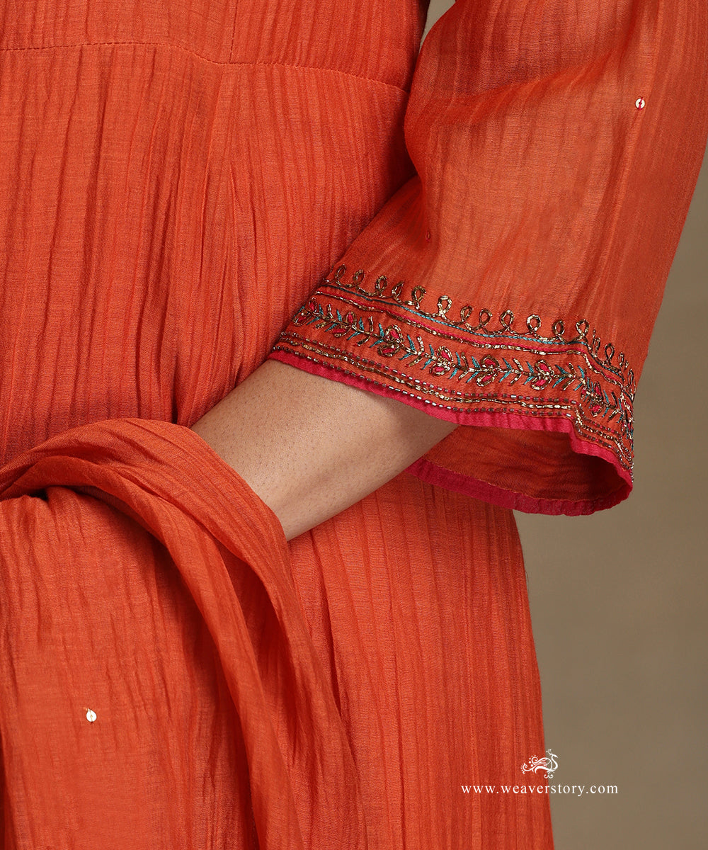 Burnt Orange Hand Embroidered Chanderi Anarkali Kurta With Pants And Dupatta