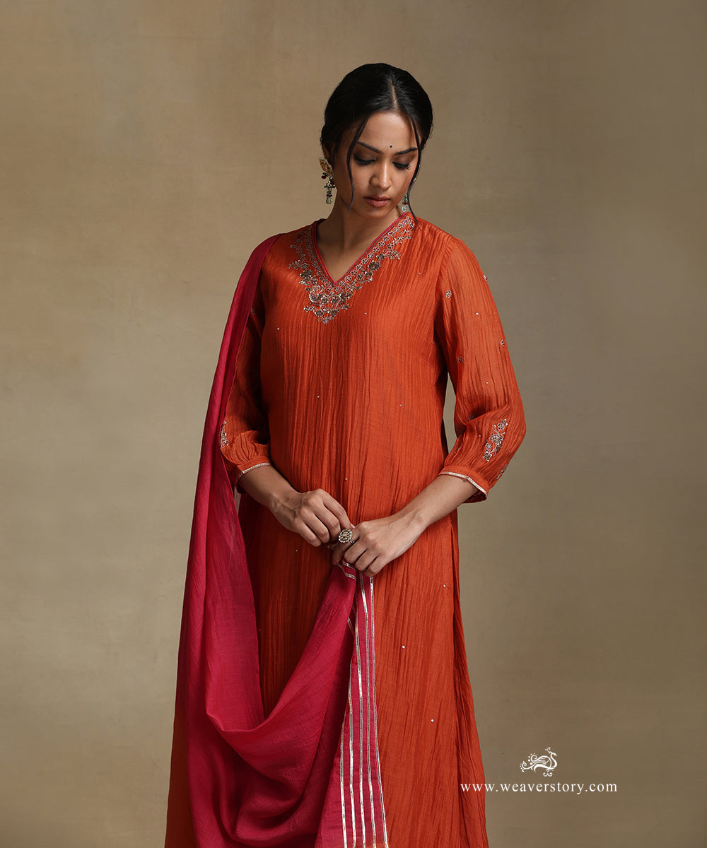 Burnt_Orange_Hand_Embroidered_Pure_Chanderi_V-Neck_A-Line_Kurta_With_Pants_And_Dupatta_WeaverStory_01