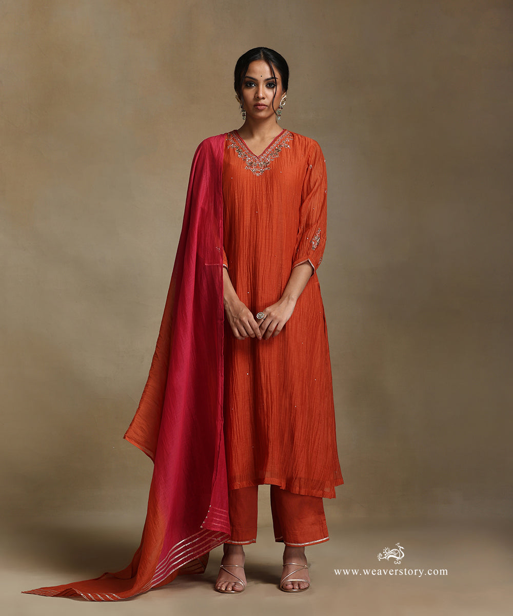 Burnt_Orange_Hand_Embroidered_Pure_Chanderi_V-Neck_A-Line_Kurta_With_Pants_And_Dupatta_WeaverStory_02