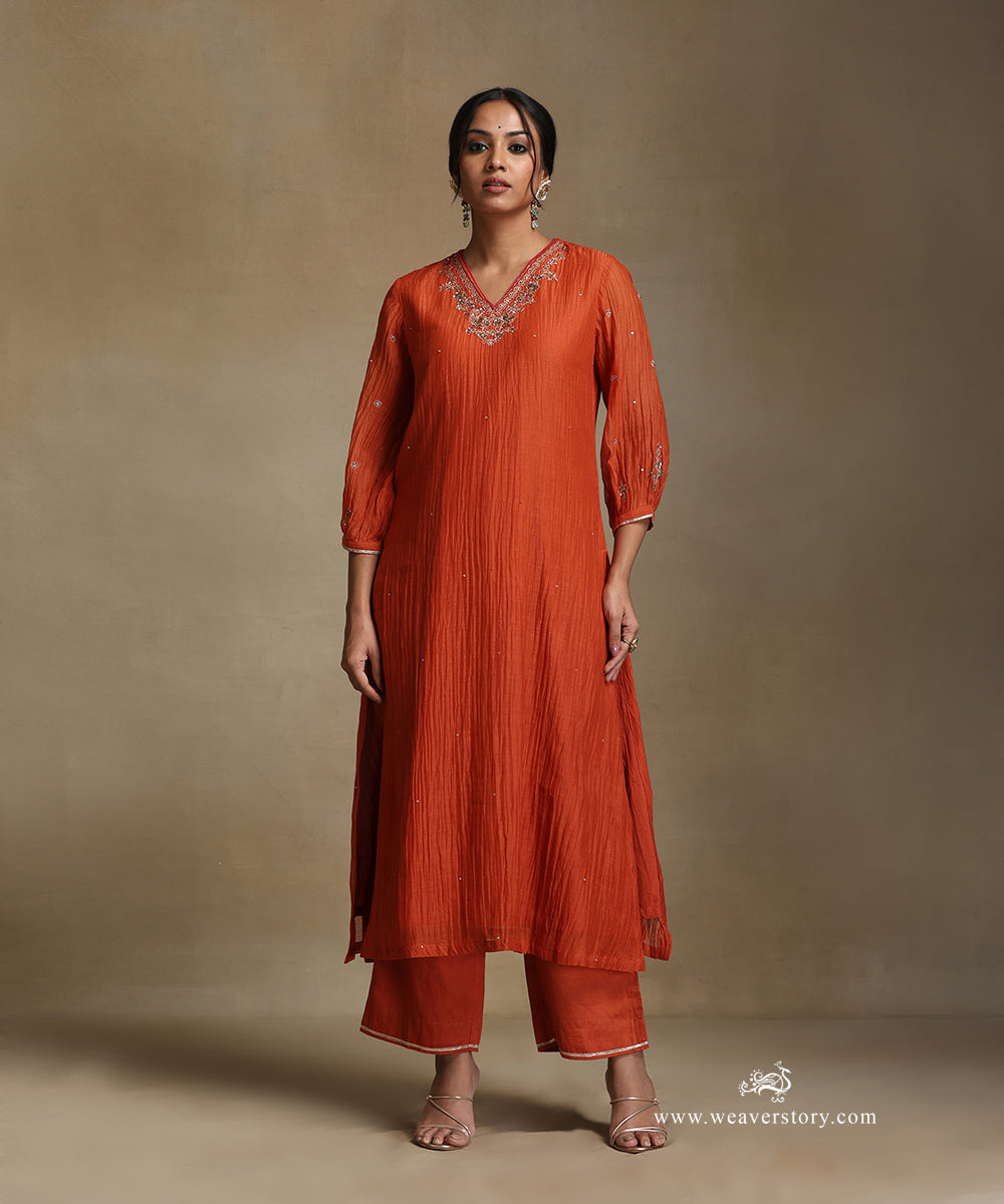 Burnt_Orange_Hand_Embroidered_Pure_Chanderi_V-Neck_A-Line_Kurta_With_Pants_And_Dupatta_WeaverStory_03