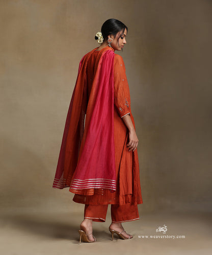 Burnt_Orange_Hand_Embroidered_Pure_Chanderi_V-Neck_A-Line_Kurta_With_Pants_And_Dupatta_WeaverStory_04