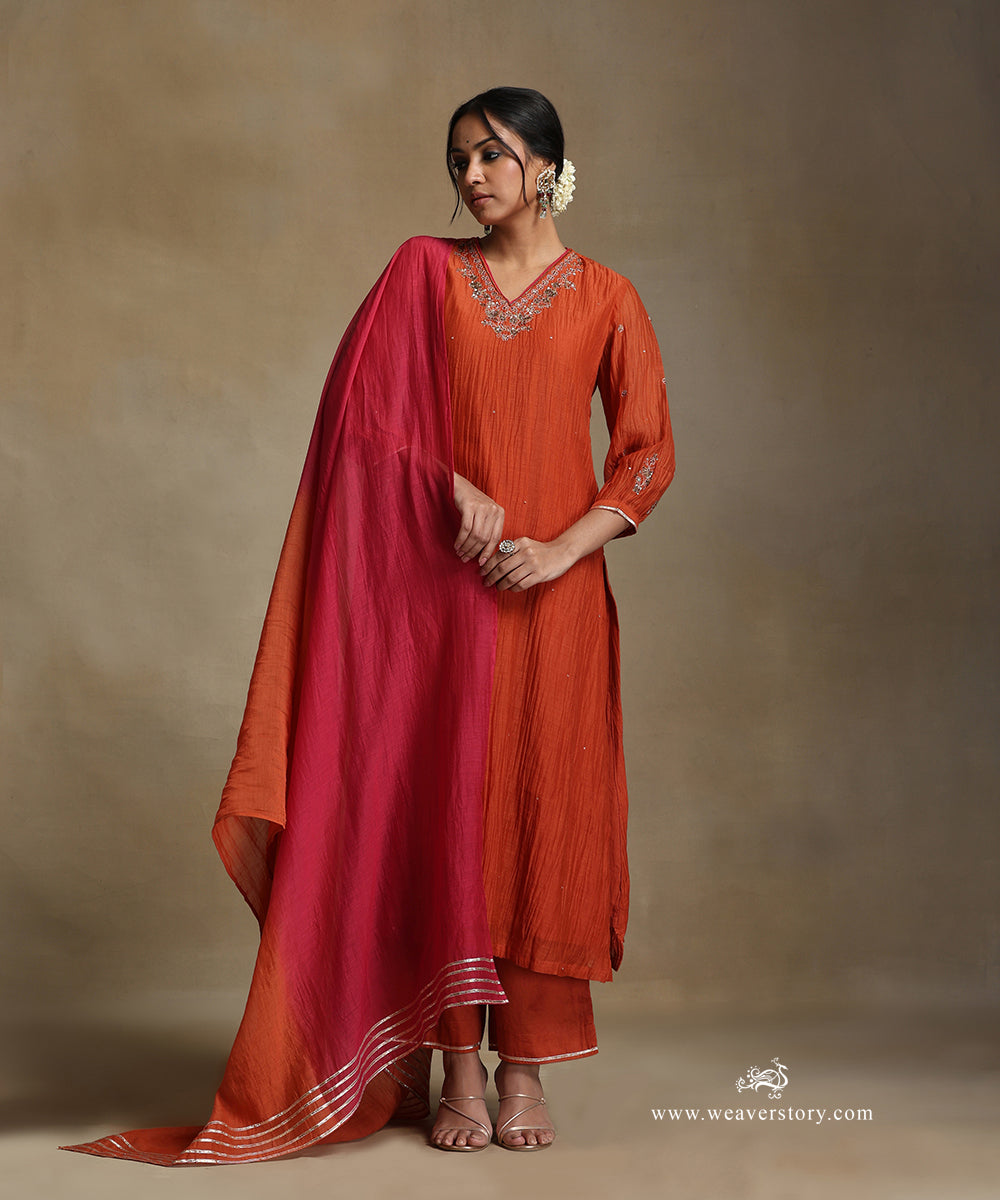 Burnt_Orange_Hand_Embroidered_Pure_Chanderi_V-Neck_A-Line_Kurta_With_Pants_And_Dupatta_WeaverStory_06