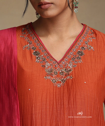 Burnt_Orange_Hand_Embroidered_Pure_Chanderi_V-Neck_A-Line_Kurta_With_Pants_And_Dupatta_WeaverStory_07