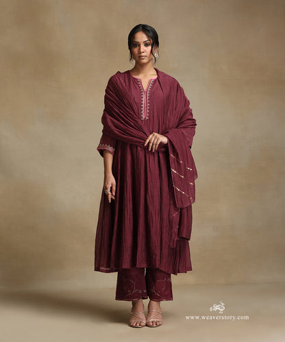 Plum_Hand_Embroidered_Chanderi_Anarkali_Kurta_With_Pants_And_Dupatta_WeaverStory_02