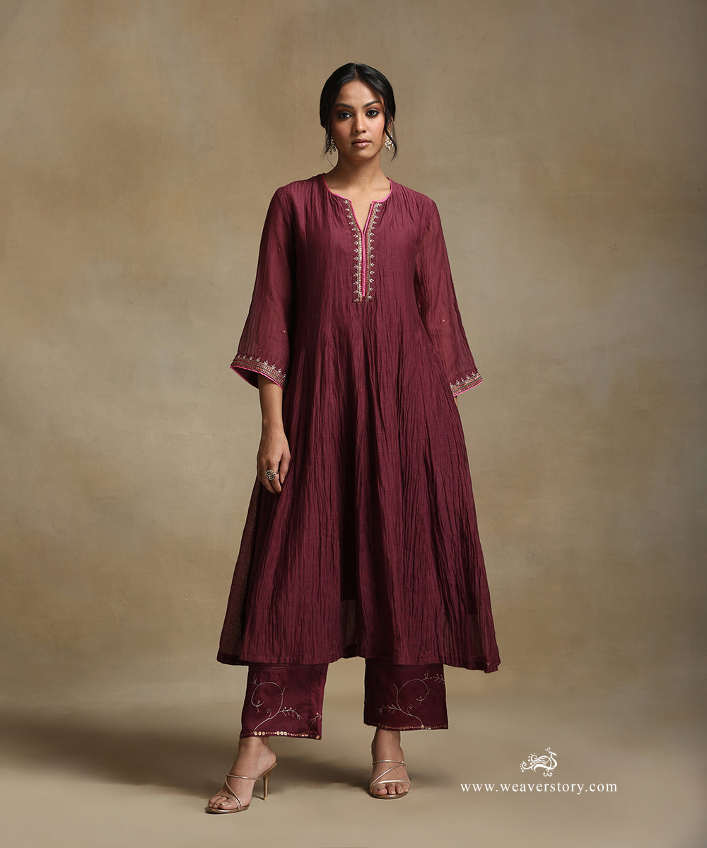 Plum_Hand_Embroidered_Chanderi_Anarkali_Kurta_With_Pants_And_Dupatta_WeaverStory_03