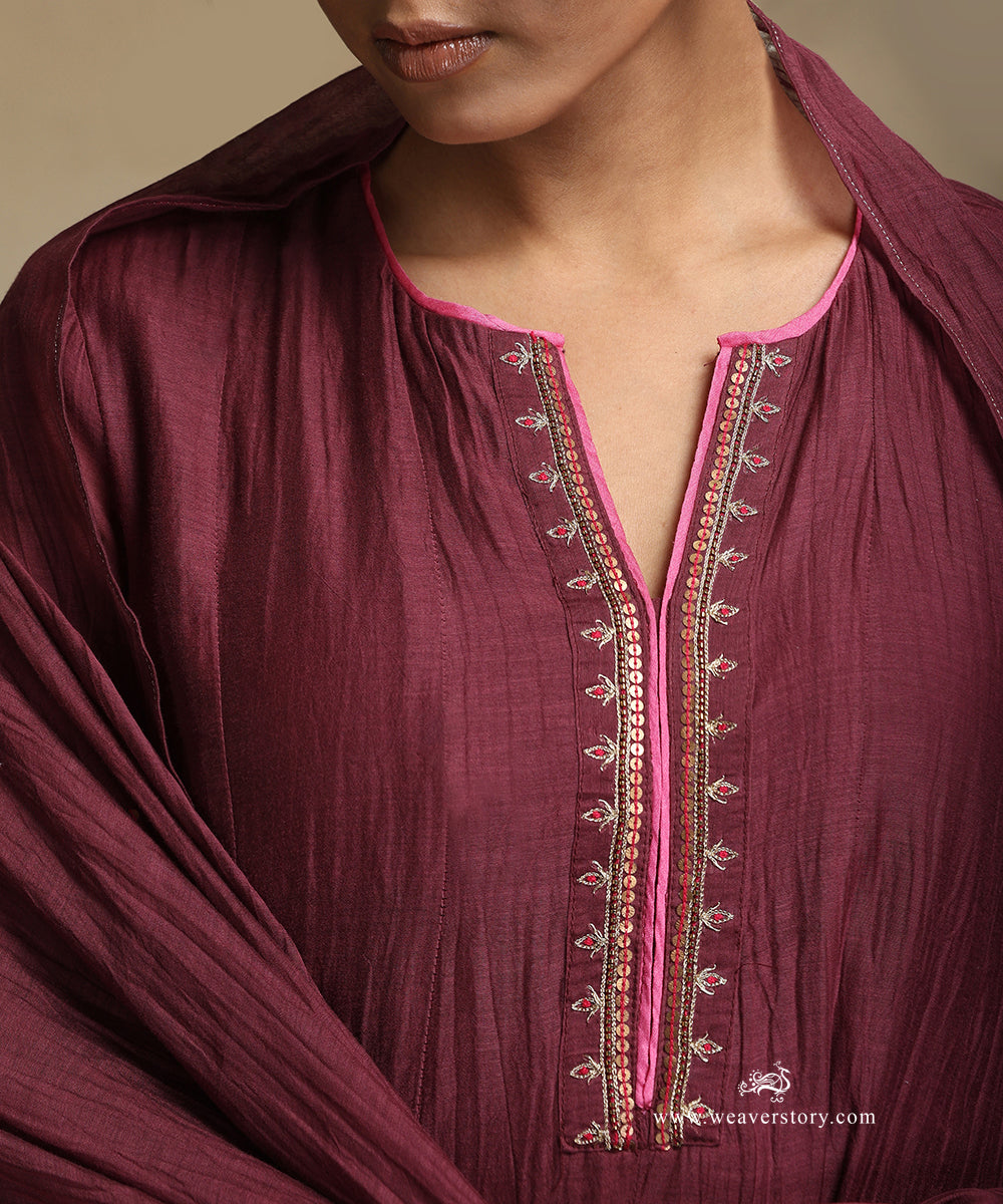 Plum_Hand_Embroidered_Chanderi_Anarkali_Kurta_With_Pants_And_Dupatta_WeaverStory_07