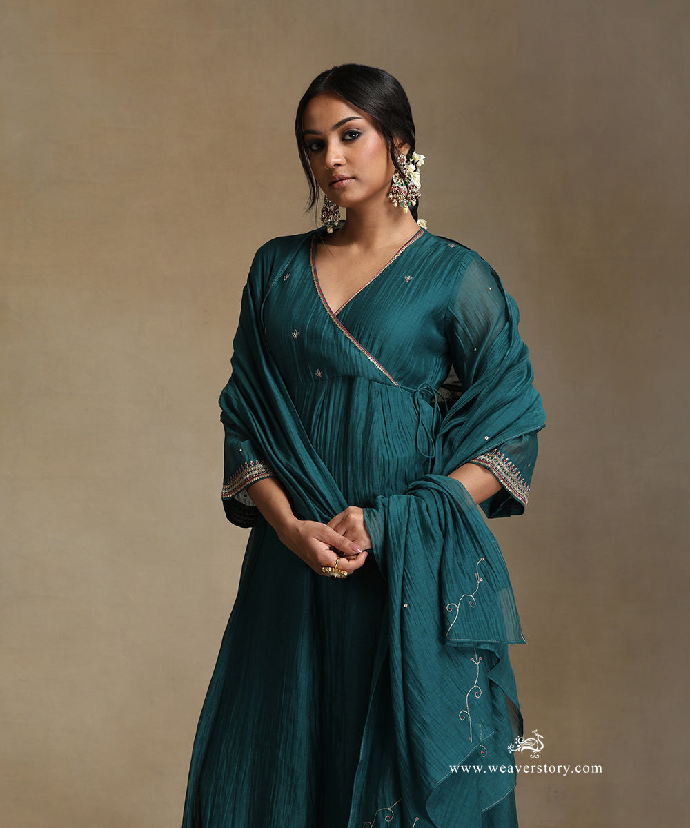 Teal_Hand_Embroidered_Chanderi_Angrakha_Kali_Kurta_With_Pants_And_Dupatta_WeaverStory_01