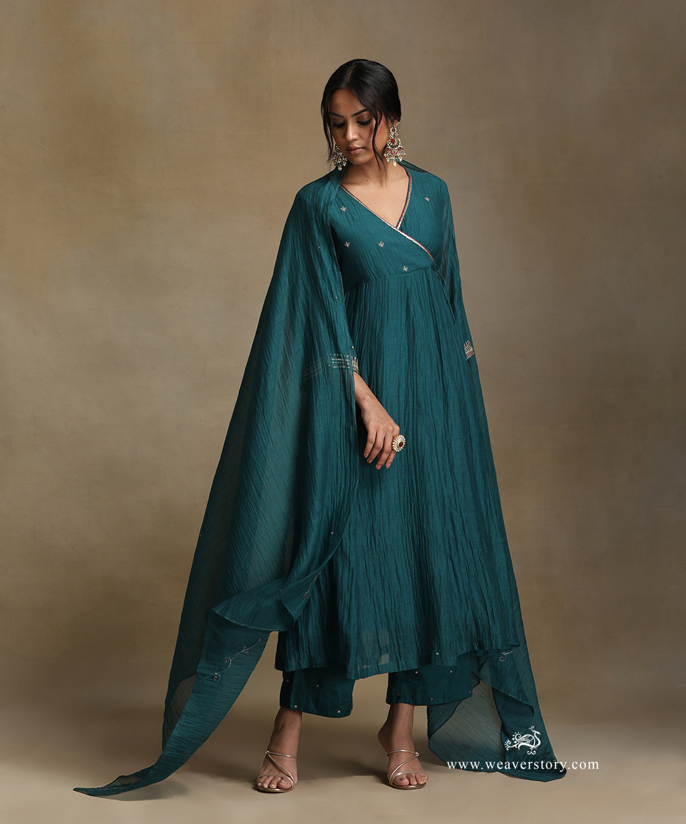 Teal_Hand_Embroidered_Chanderi_Angrakha_Kali_Kurta_With_Pants_And_Dupatta_WeaverStory_02