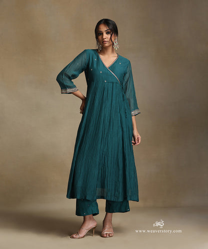 Teal_Hand_Embroidered_Chanderi_Angrakha_Kali_Kurta_With_Pants_And_Dupatta_WeaverStory_03