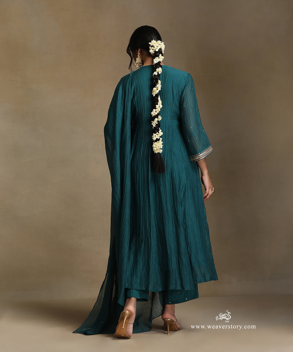 Teal_Hand_Embroidered_Chanderi_Angrakha_Kali_Kurta_With_Pants_And_Dupatta_WeaverStory_04