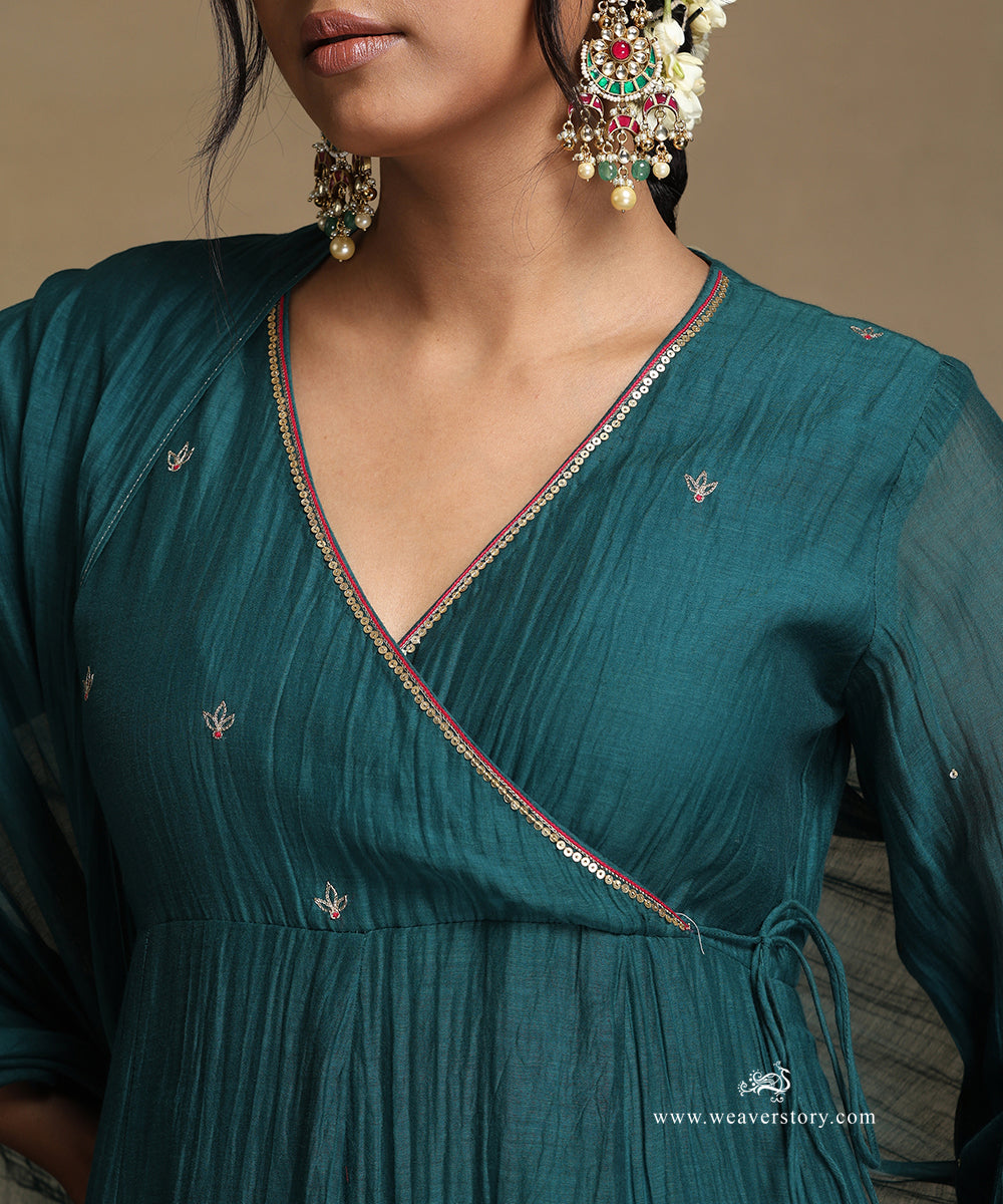 Teal_Hand_Embroidered_Chanderi_Angrakha_Kali_Kurta_With_Pants_And_Dupatta_WeaverStory_07