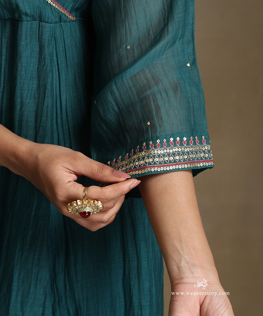 Teal Hand Embroidered Chanderi Angrakha Kali Kurta With Pants And Dupatta