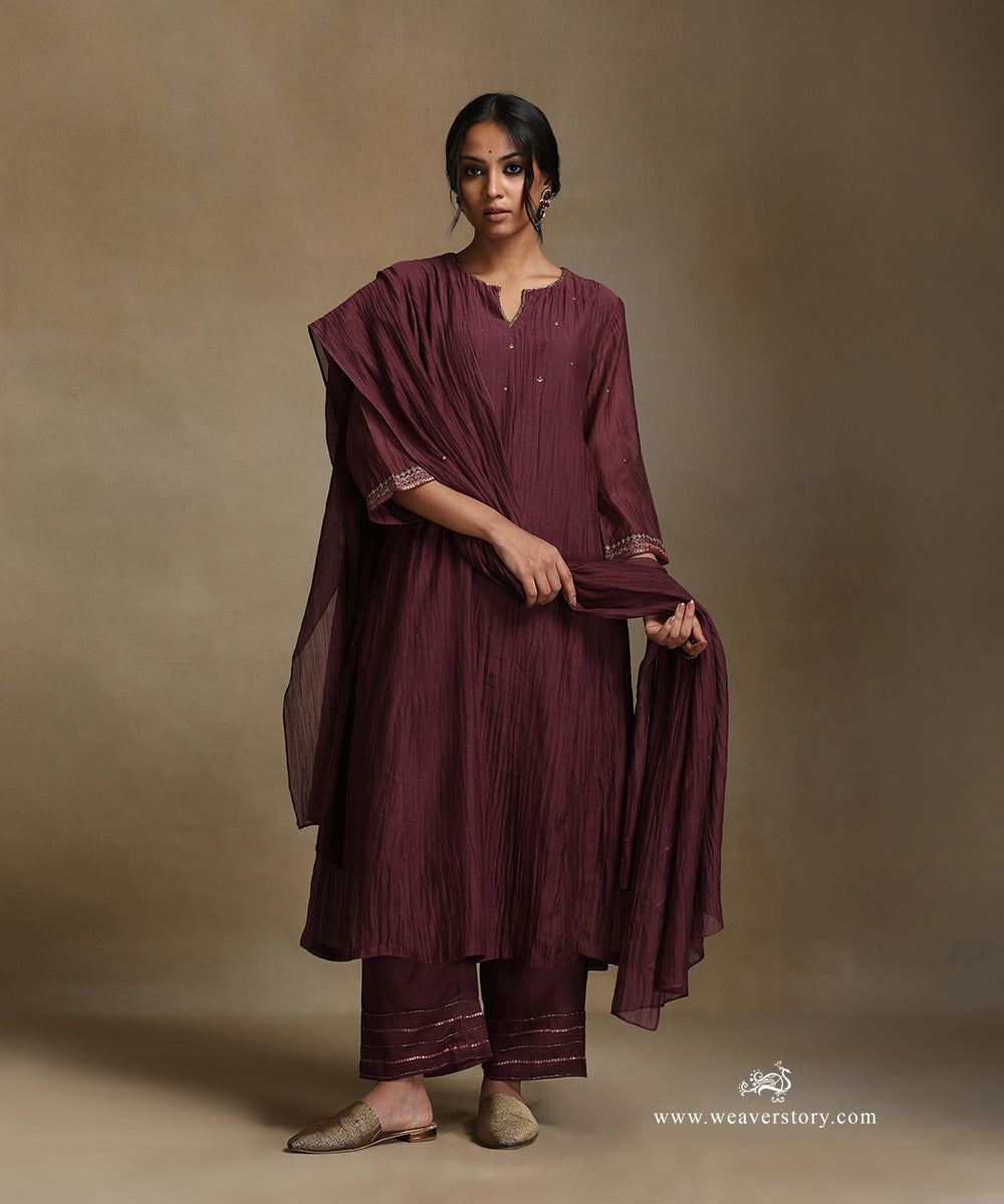 Plum_Hand_Embroidered_Pure_Chanderi_Side_Kali_Kurta_With_Pants_And_Dupatta_WeaverStory_02