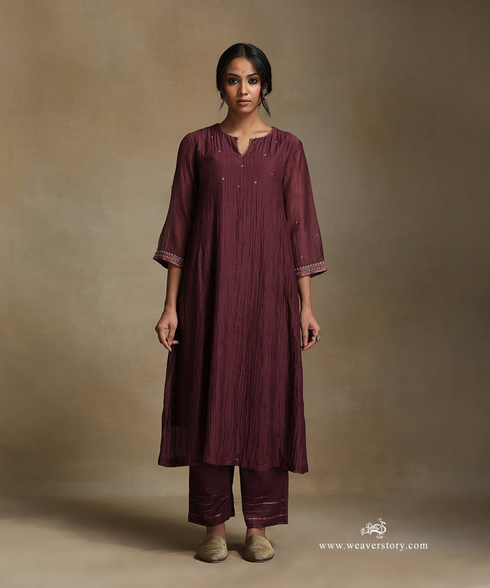 Plum_Hand_Embroidered_Pure_Chanderi_Side_Kali_Kurta_With_Pants_And_Dupatta_WeaverStory_03