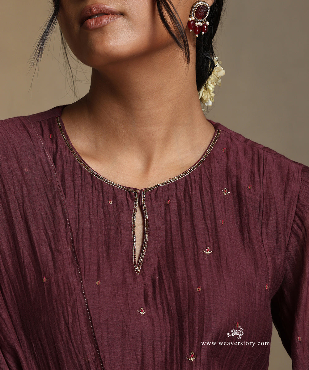 Plum_Hand_Embroidered_Pure_Chanderi_Side_Kali_Kurta_With_Pants_And_Dupatta_WeaverStory_07