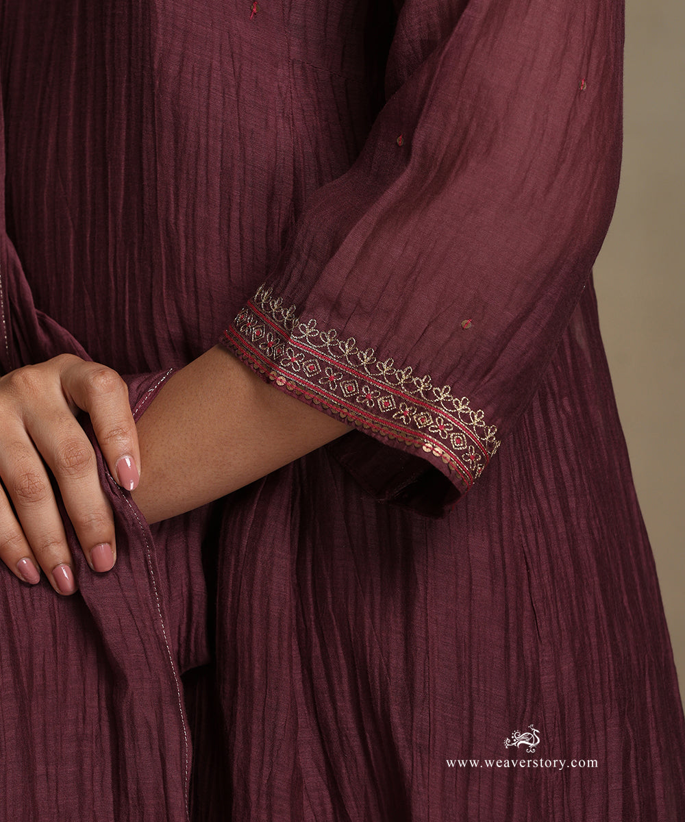 Plum Hand Embroidered Pure Chanderi Side Kali Kurta With Pants And Dupatta