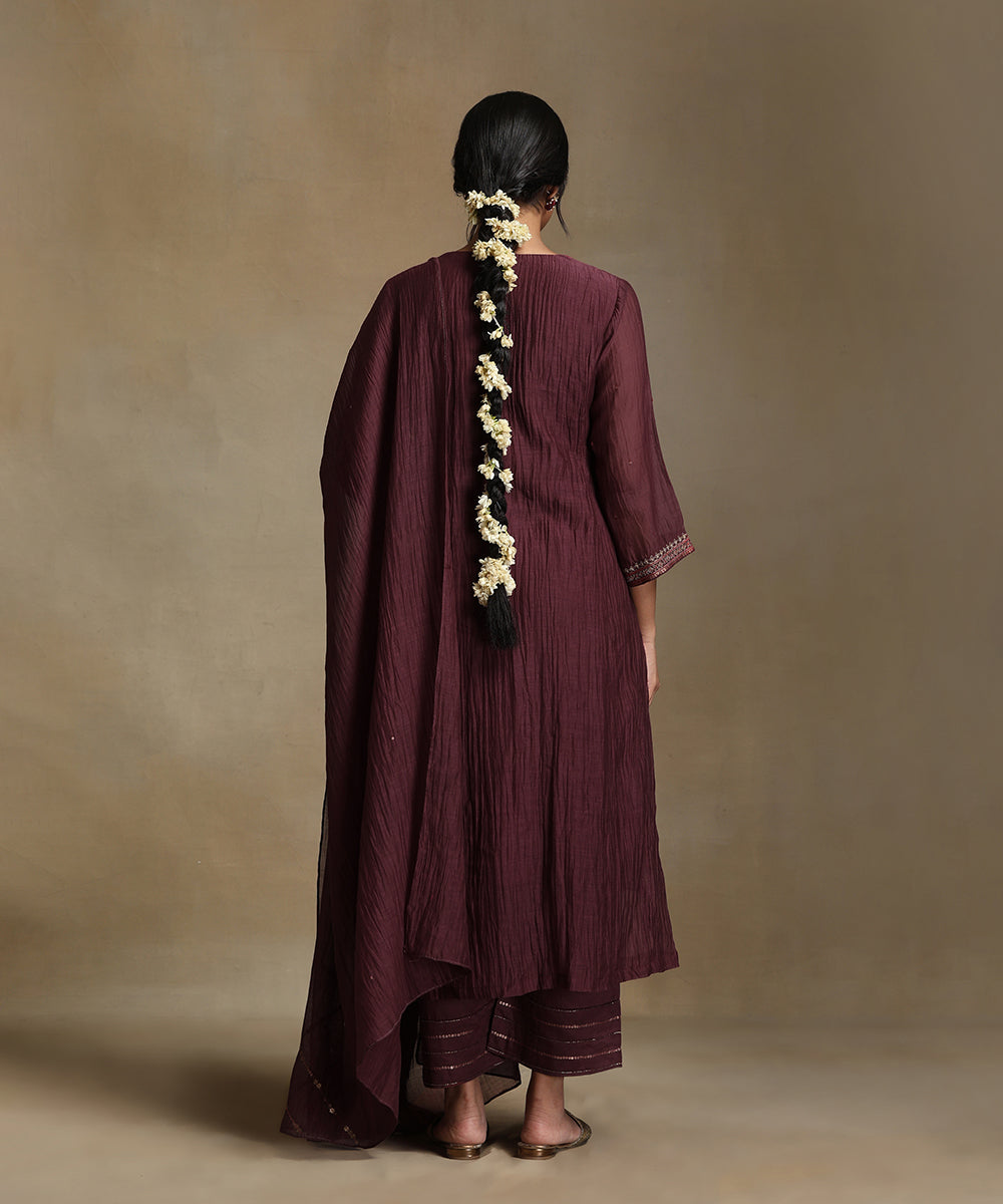 Plum Hand Embroidered Pure Chanderi Side Kali Kurta With Pants And Dupatta