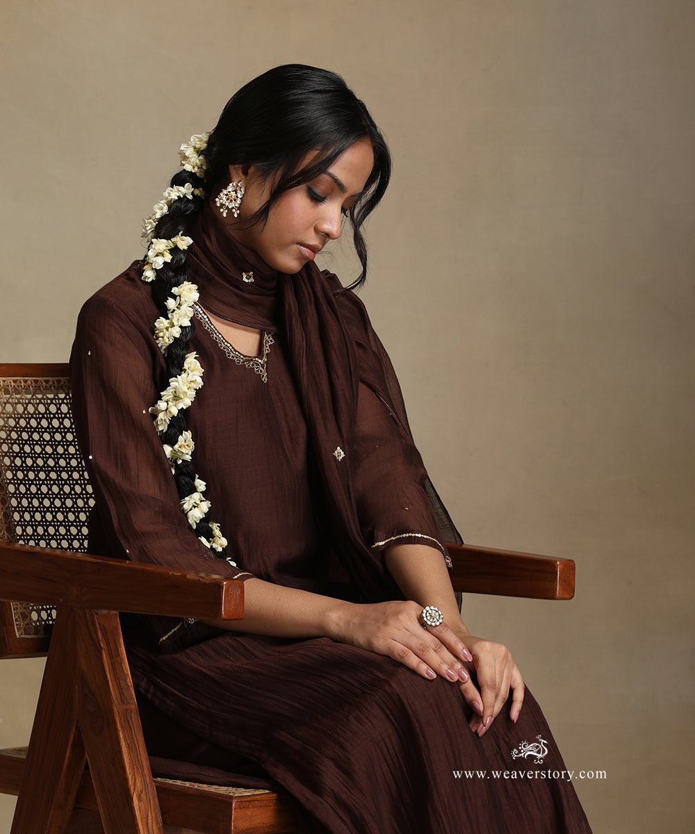 Brown_Hand_Embroidered_Pure_Chanderi_Kurta_With_Pants_And_Dupatta_WeaverStory_01