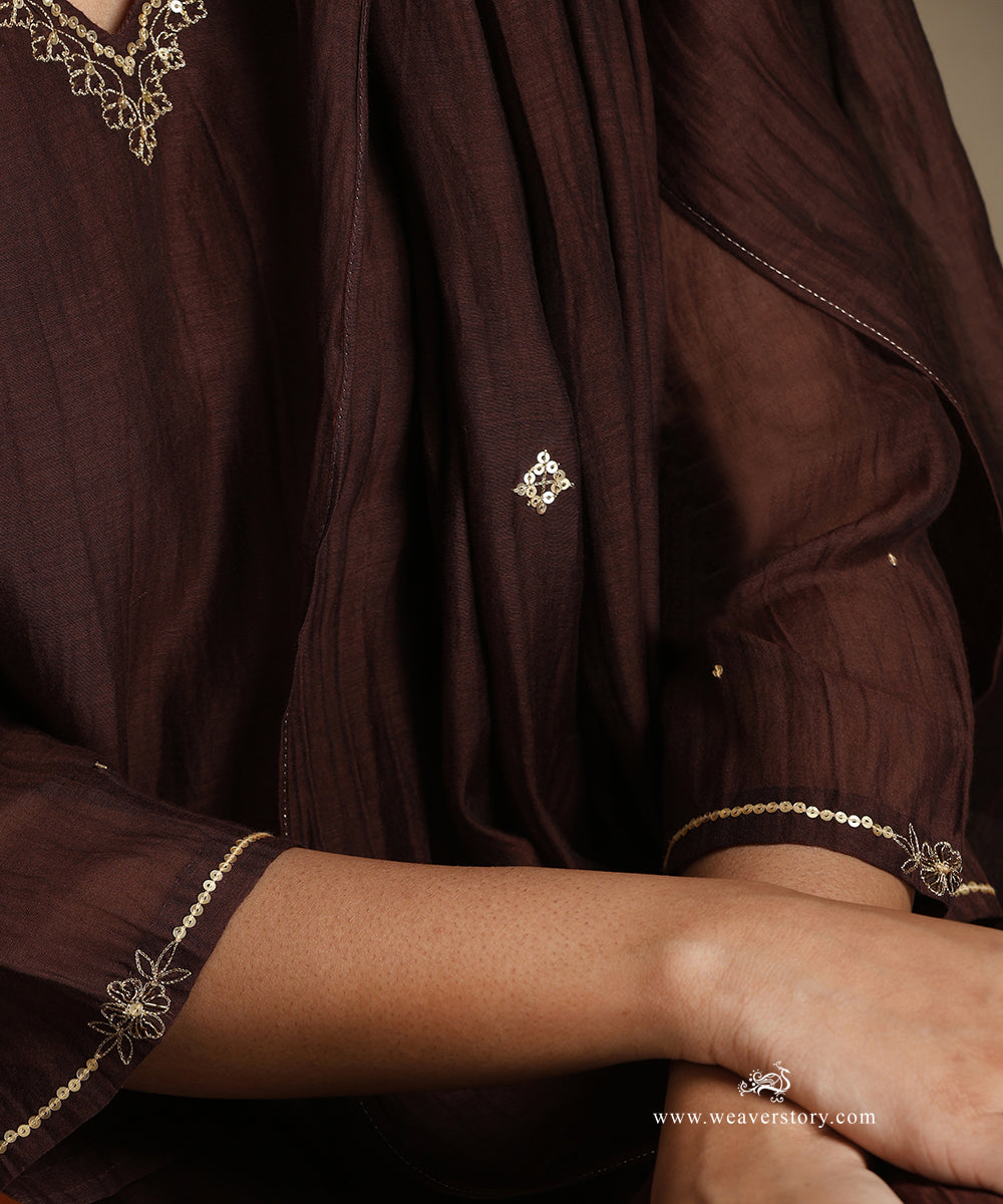 Brown Hand Embroidered Pure Chanderi Kurta With Pants And Dupatta