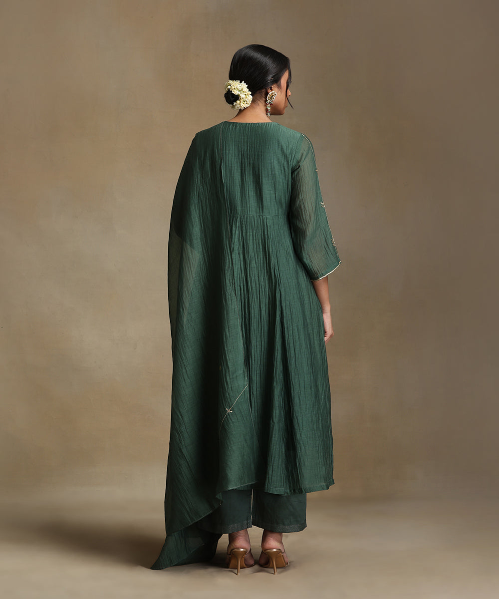 Green Hand Embroidered Pure Chanderi Kurta With Pants And Dupatta