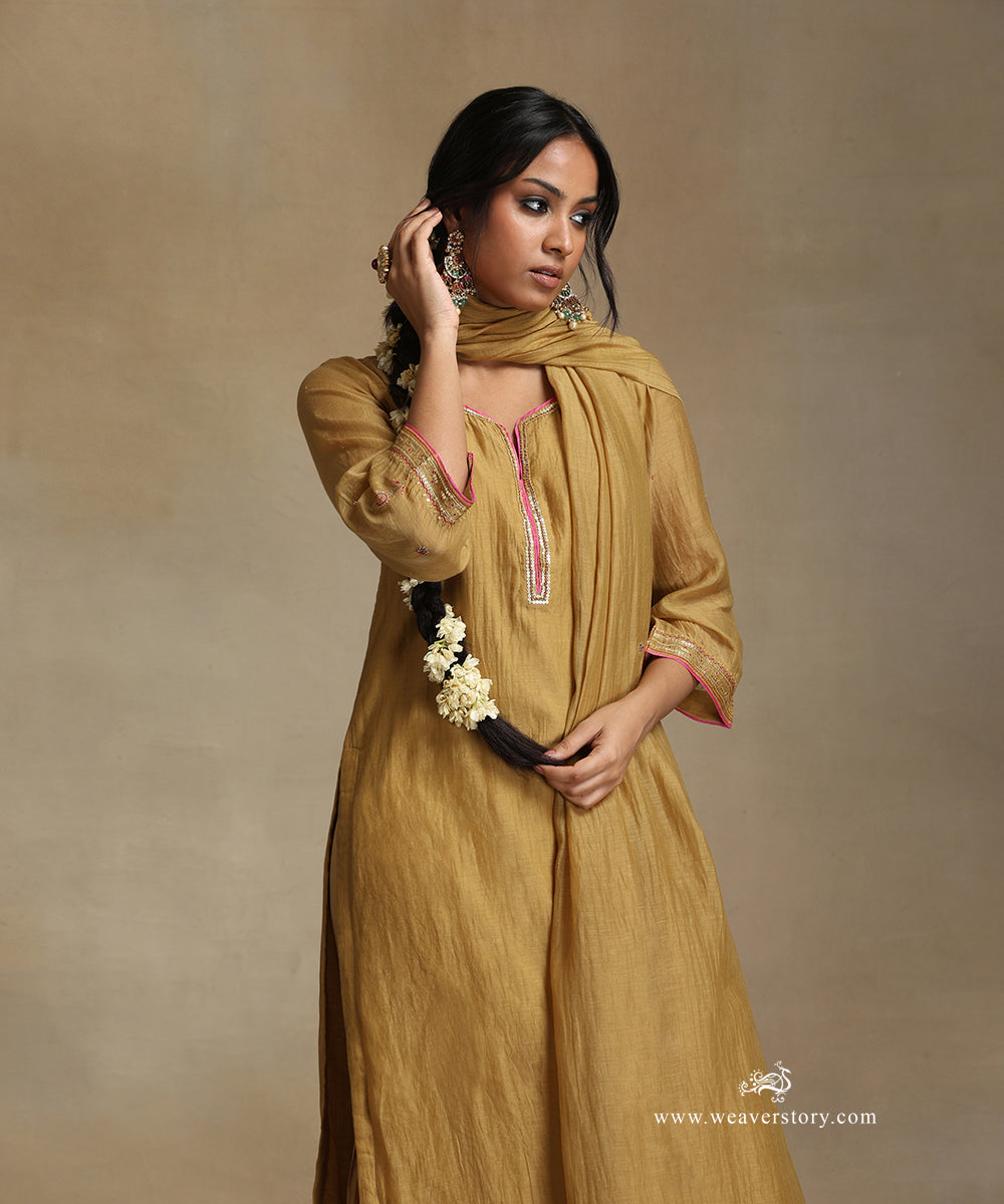 Yellow_Hand_Embroidered_Pure_Chanderi_Kurta_With_Sharara_And_Dupatta_WeaverStory_01