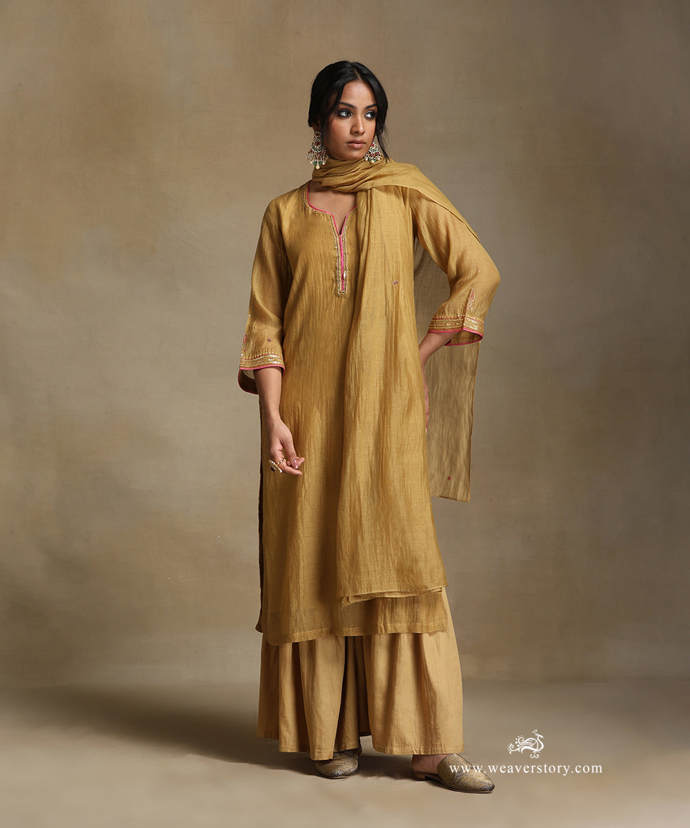 Yellow_Hand_Embroidered_Pure_Chanderi_Kurta_With_Sharara_And_Dupatta_WeaverStory_02