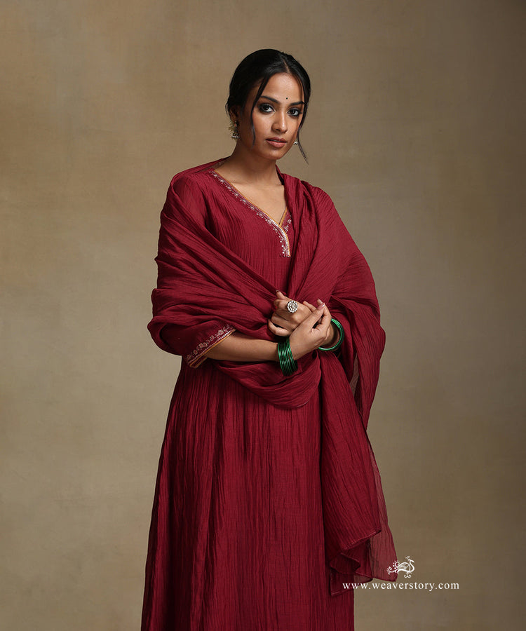 Red - Hand Embroidery Chanderi Silk Handloom Kashida Dupatta 19
