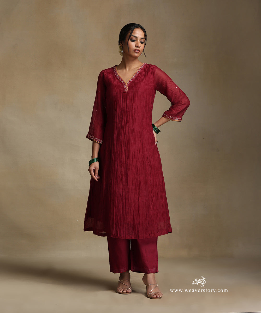 Red_Hand_Embroidered_Pure_Chandri_Kurta_With_Pants_And_Dupatta_WeaverStory_03