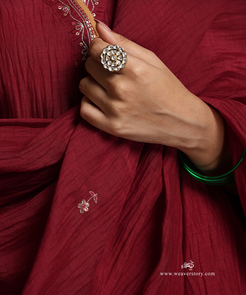 Red_Hand_Embroidered_Pure_Chandri_Kurta_With_Pants_And_Dupatta_WeaverStory_06