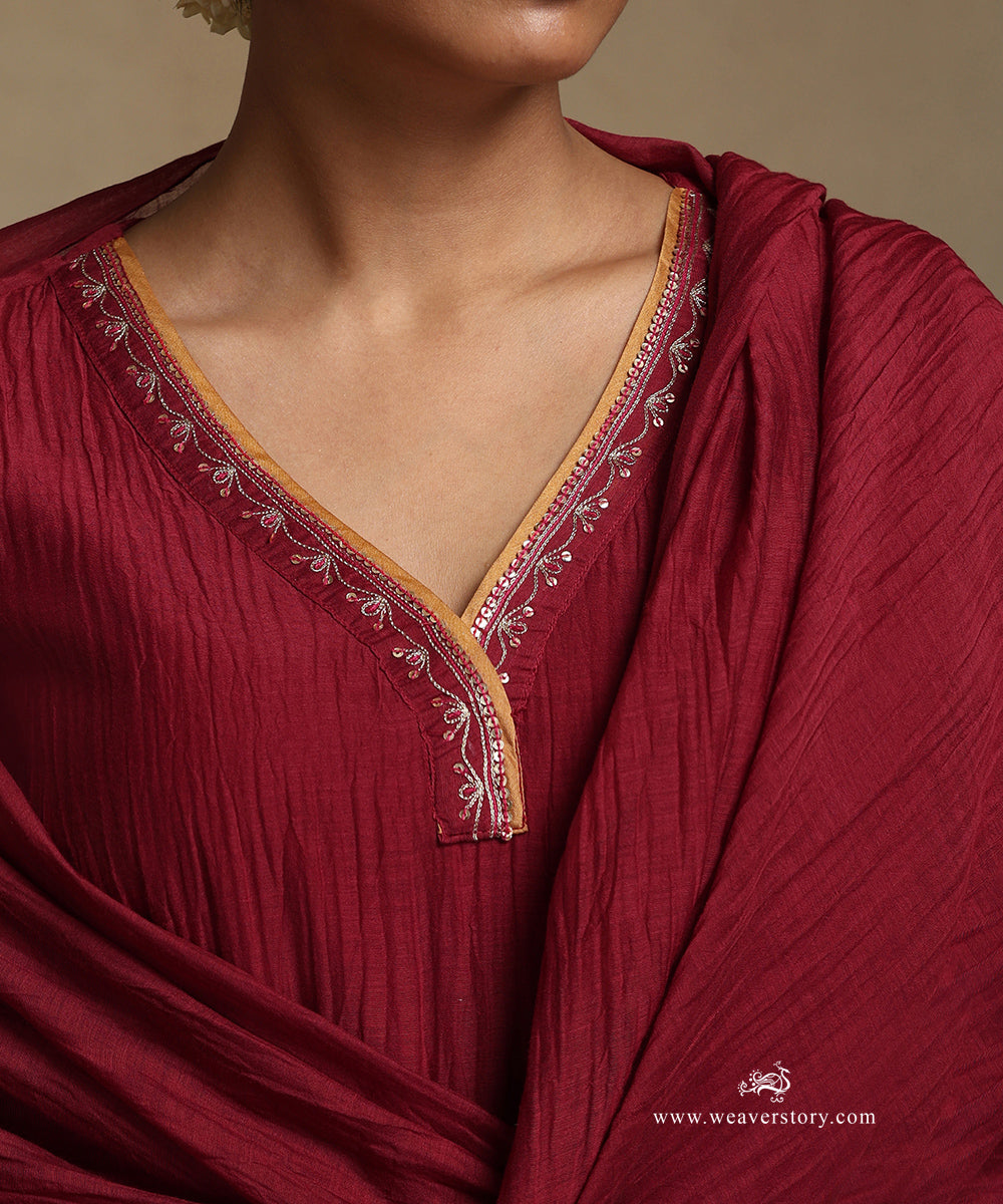 Red_Hand_Embroidered_Pure_Chandri_Kurta_With_Pants_And_Dupatta_WeaverStory_07