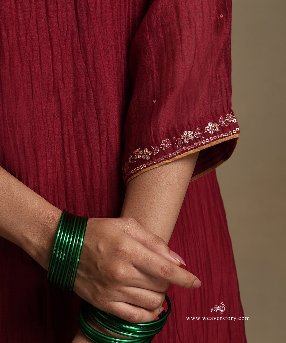 Red Hand Embroidered Pure Chandri Kurta With Pants And Dupatta