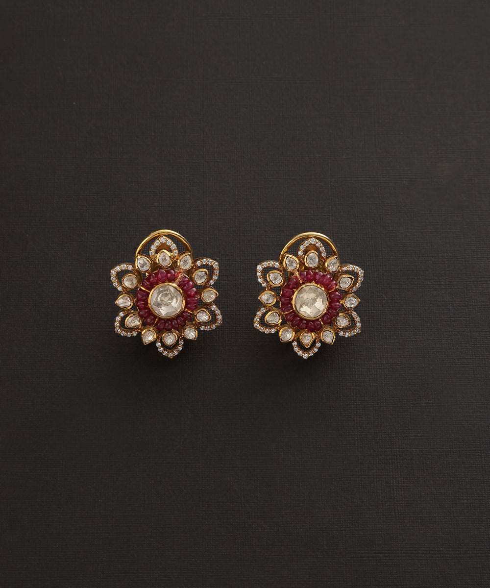 Simran_Handcrafted_Pure_Silver_Moissanite_Polki_Studs_With_Ruby_WeaverStory_02