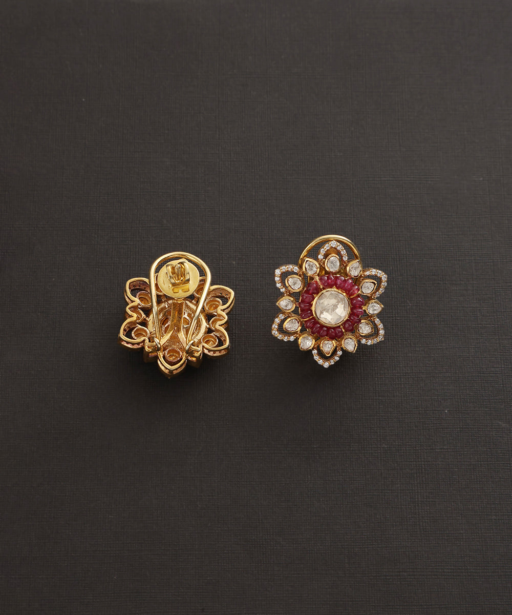 Simran_Handcrafted_Pure_Silver_Moissanite_Polki_Studs_With_Ruby_WeaverStory_03