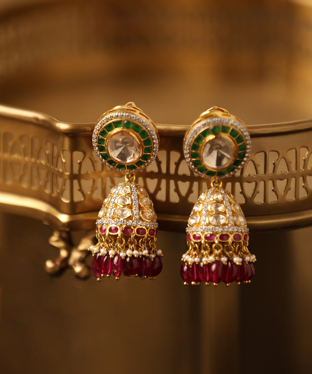 Amanee_Handcrafted_Pure_Silver_Jhumka_With_Moissanite_Polki_And_Ruby_WeaverStory_01