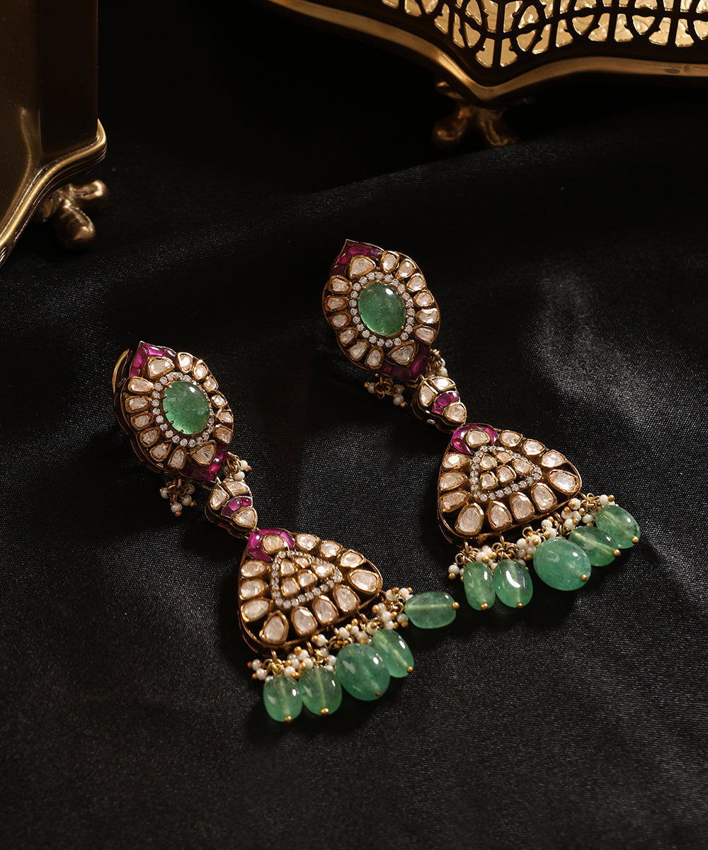 Pranav_Handcrafted_Pure_Silver_Moissanite_Polki_Jhumka_With_Emeralds_And_Ruby_WeaverStory_01