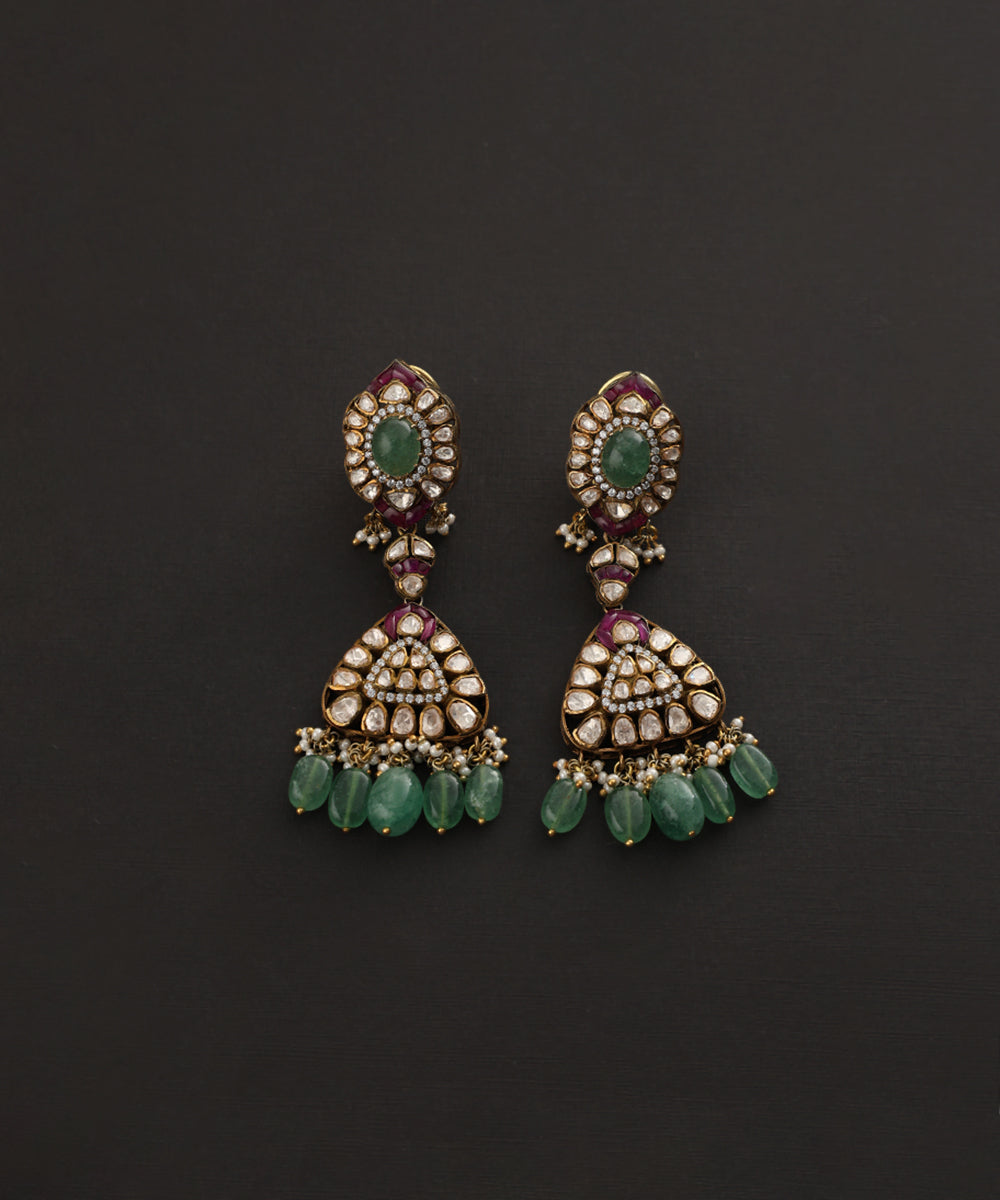 Pranav_Handcrafted_Pure_Silver_Moissanite_Polki_Jhumka_With_Emeralds_And_Ruby_WeaverStory_02