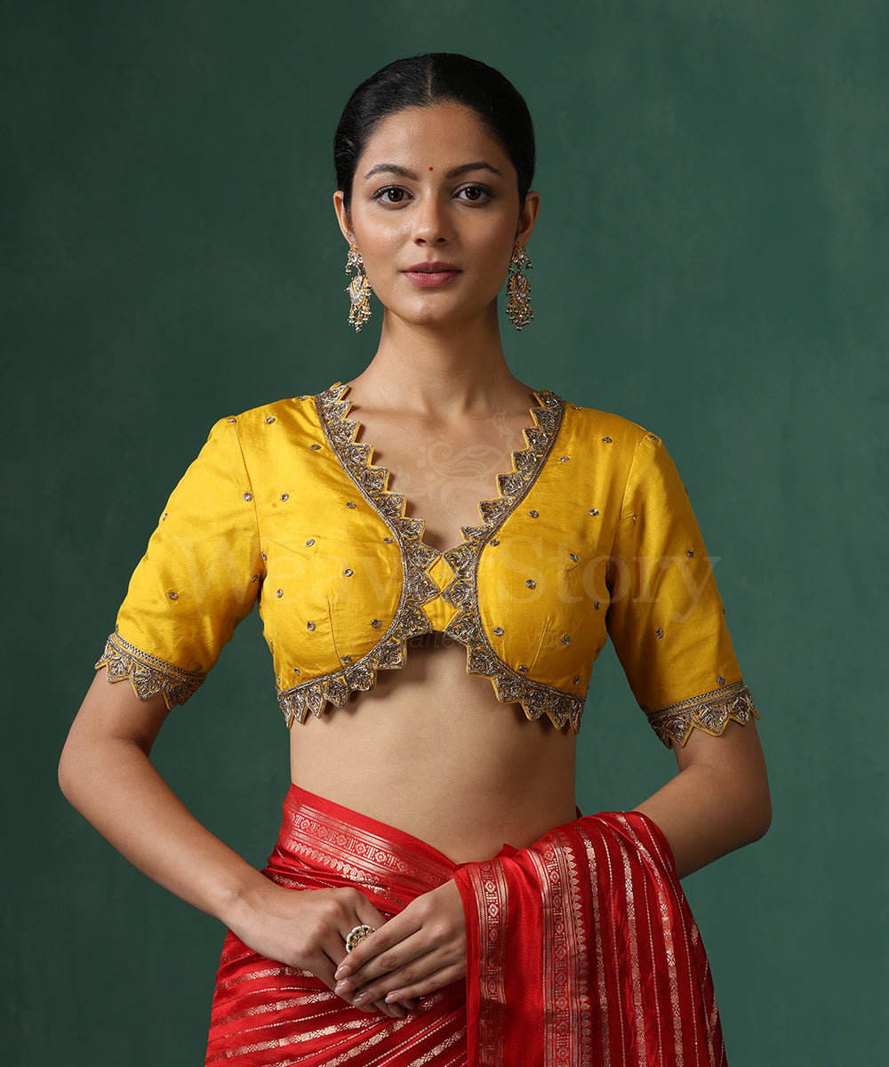 Yellow_Pure_Silk_Scalloped_Zardozi_Blouse_WeaverStory_02