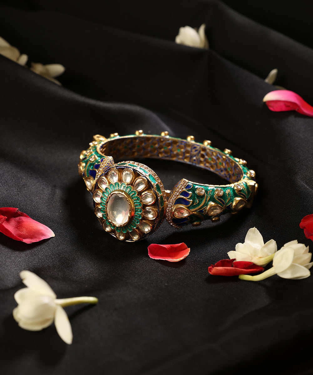 Neel_Pushp_Gold_Plated_Pure_Silver_Polki_Meenakari_Kada_WeaverStory_01
