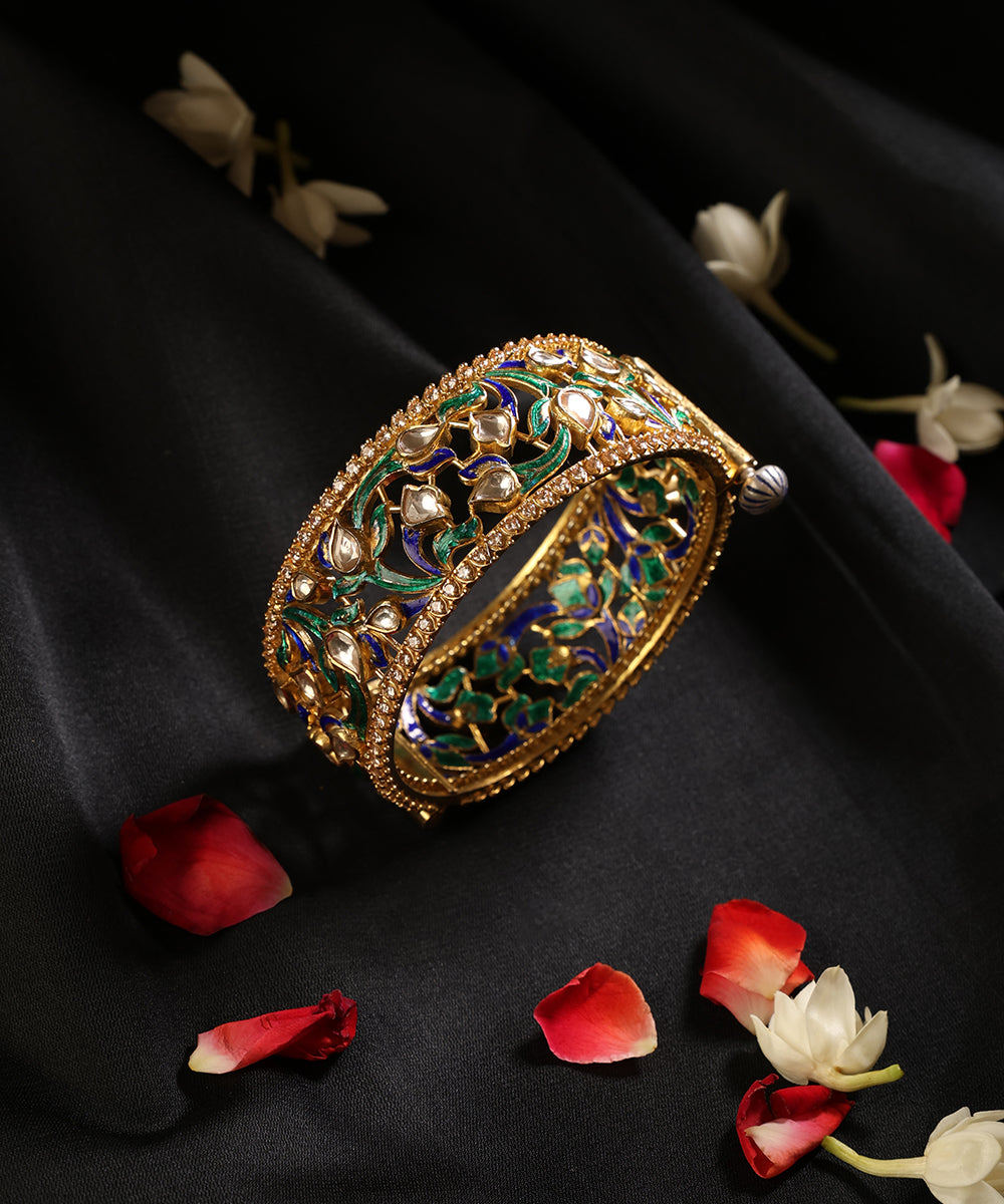 Mehrang_Gold_Plated_Pure_Silver_Polki_Meenakari_Kada_WeaverStory_01