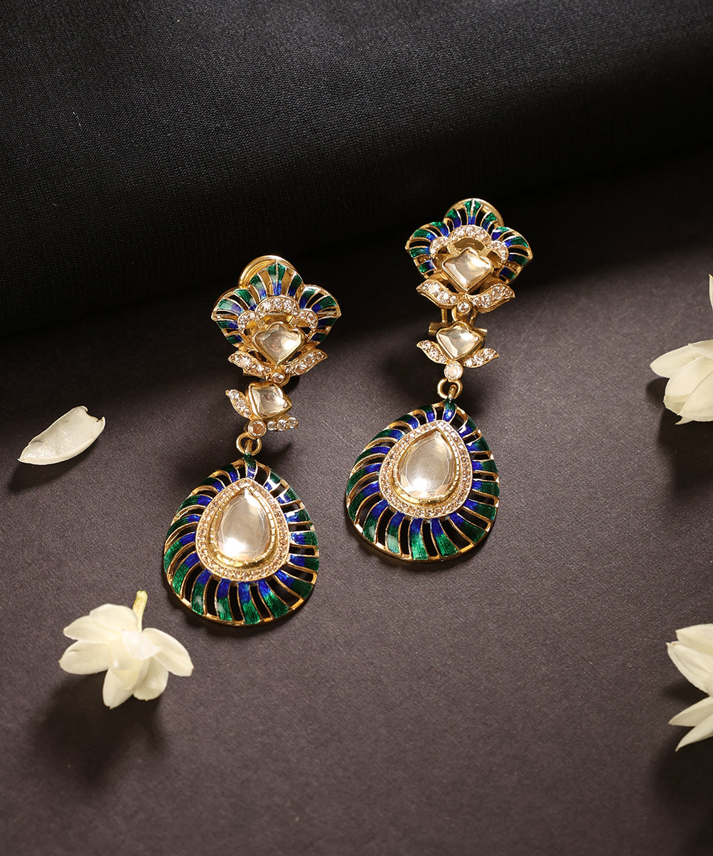 Mayurlehar_Blue_&_Green_Meenakari_Kundan_Drop_Earrings_WeaverStory_01