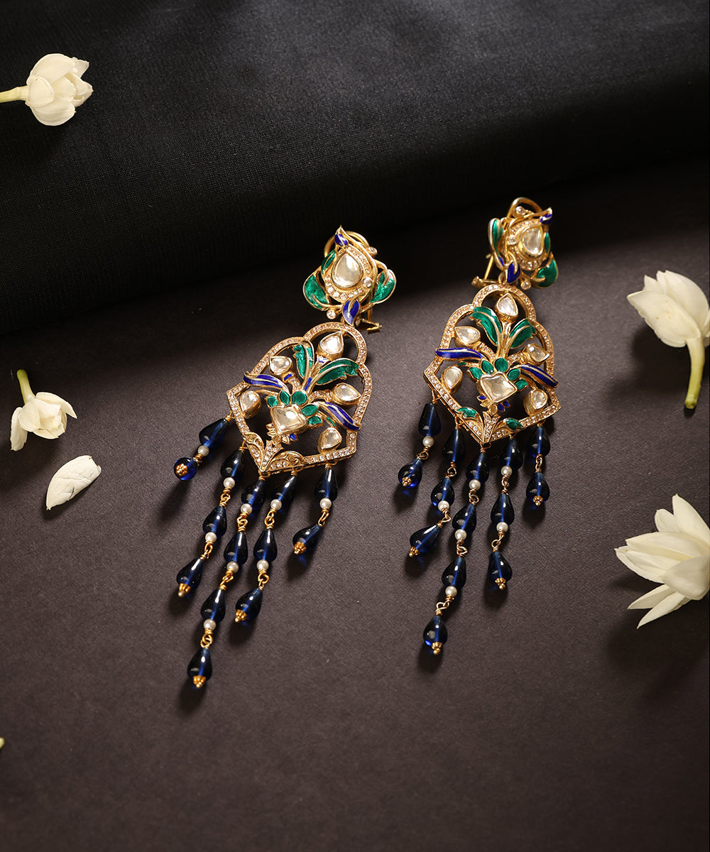 Neelvallari_Blue_&amp;_Green_Meenakari_Kundan_Tassel_Earrings_WeaverStory_01