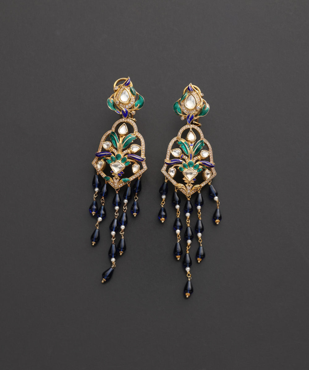 Neelvallari_Blue_&amp;_Green_Meenakari_Kundan_Tassel_Earrings_WeaverStory_02