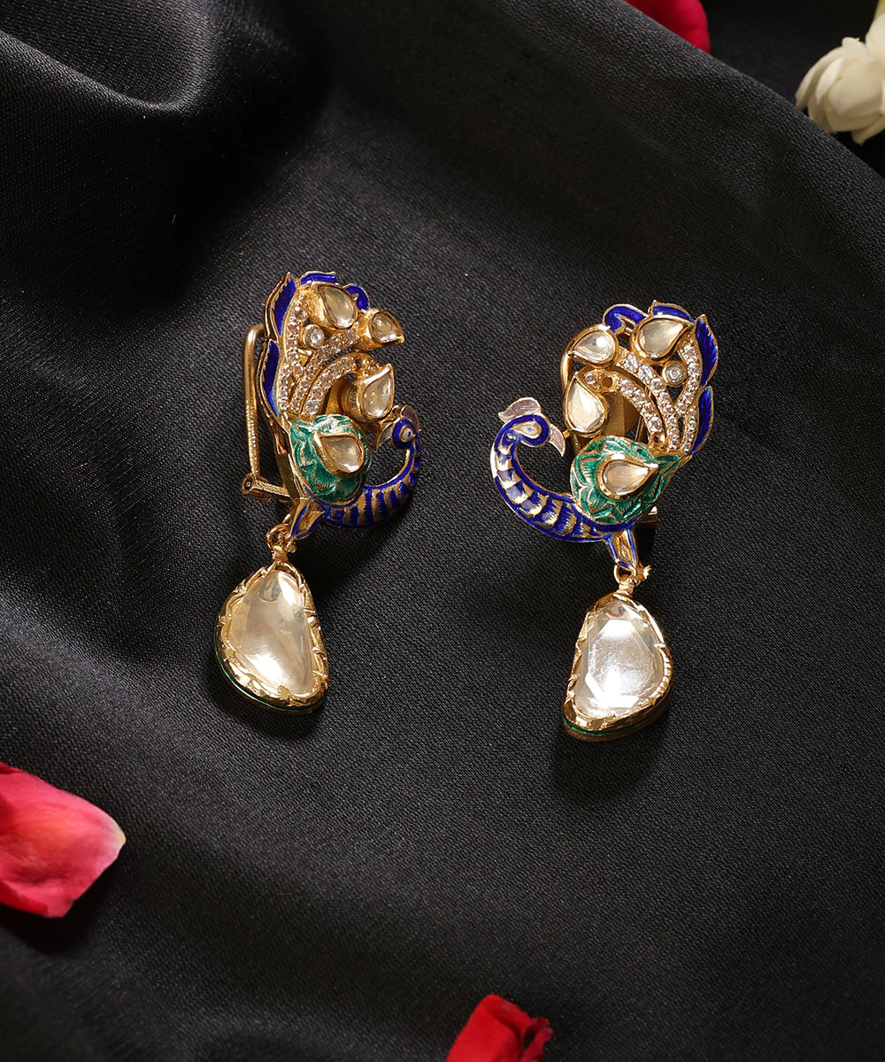 Neelmayuri_Blue_&amp;_Green_Meenakari_Kundan_Peacock_Drop_Earrings_WeaverStory_01
