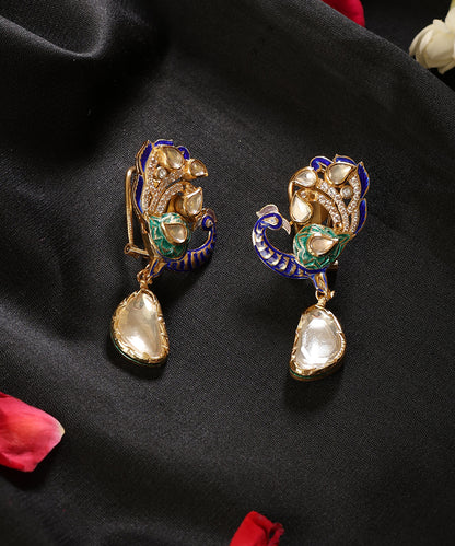Neelmayuri_Blue_&amp;_Green_Meenakari_Kundan_Peacock_Drop_Earrings_WeaverStory_01